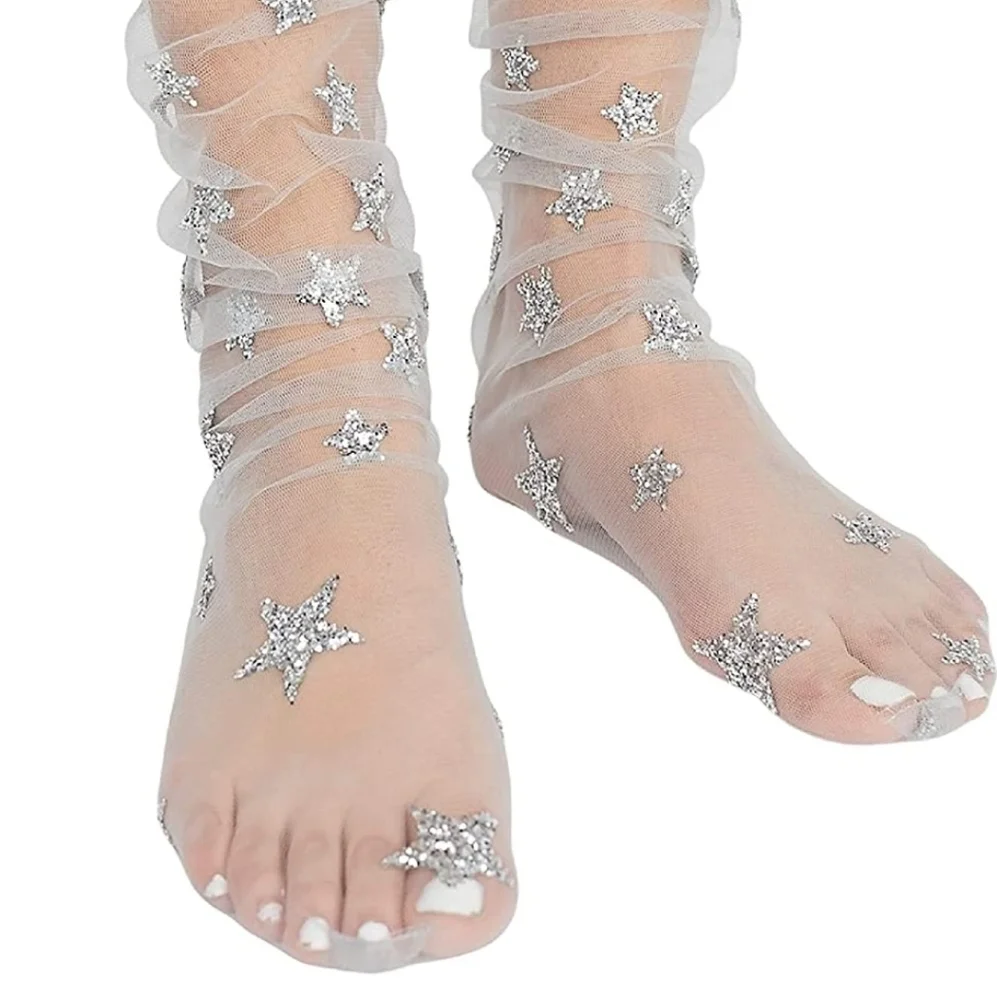 White & Silver Star Sheer Socks Tulle Mesh Socks Pantyhose Fishnet Stockings